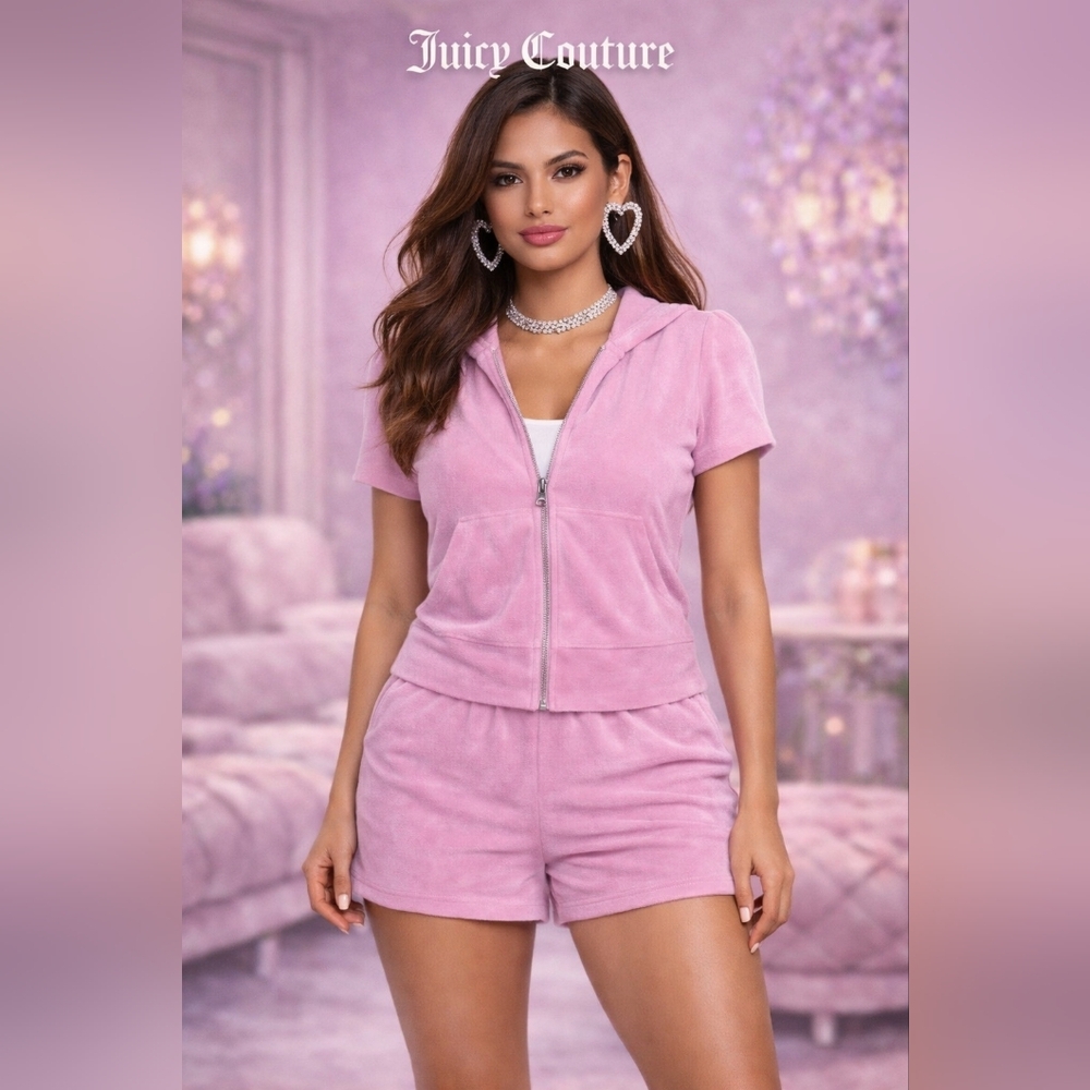 Juicy Couture Tracksuit Short Set Dewberry Pink Velour - Hoodie Matching Set - Picture 5 of 9